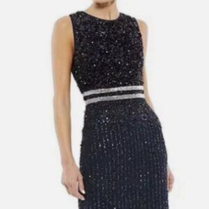 Mac Duggal (151) Vertical Sequin Sheath Cocktail Midi Dress Navy Blu Size 8 $398